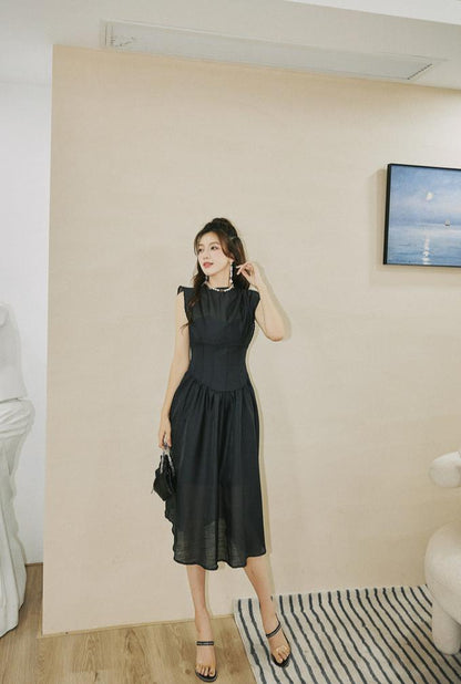 DOLLY High End Black Retro Flying Sleeve Pleated High Waist Midi Office Dress-BRANCA