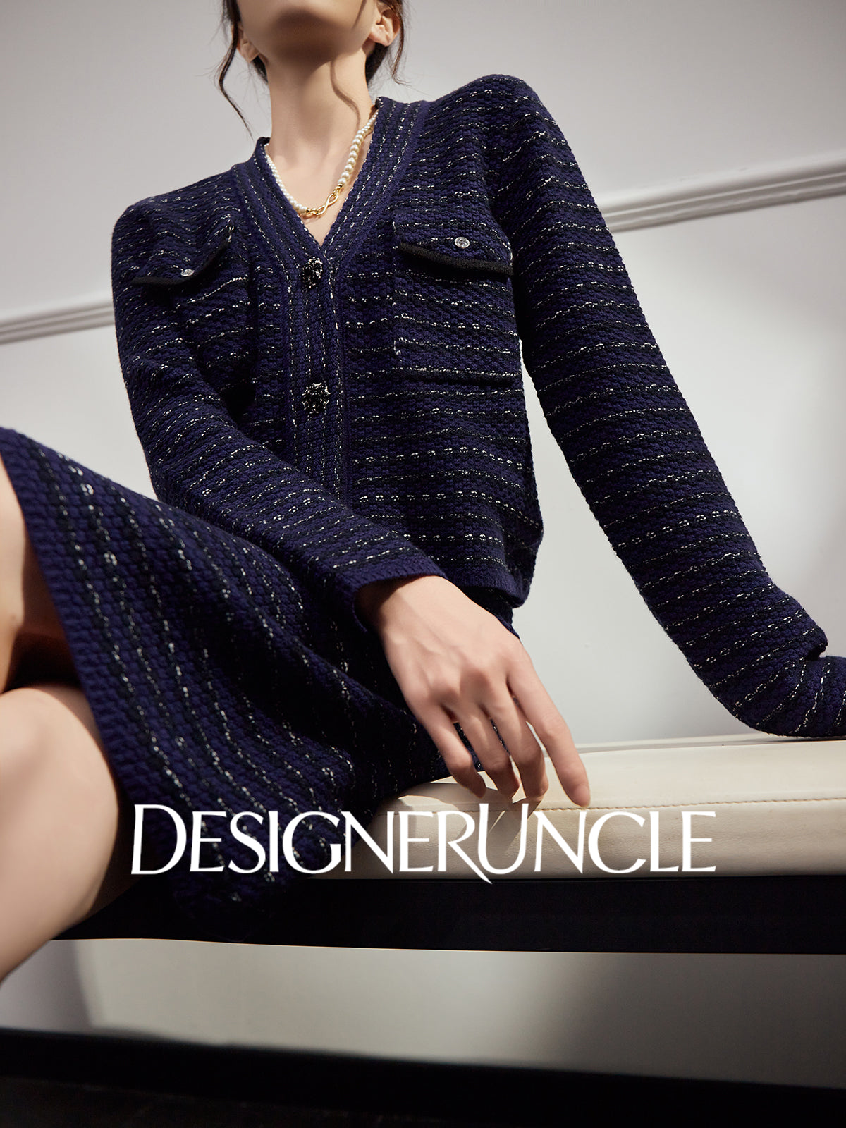 DGU "Ink Room" royal blue new knitted small fragrance temperament versatile two-piece set - Kyle.