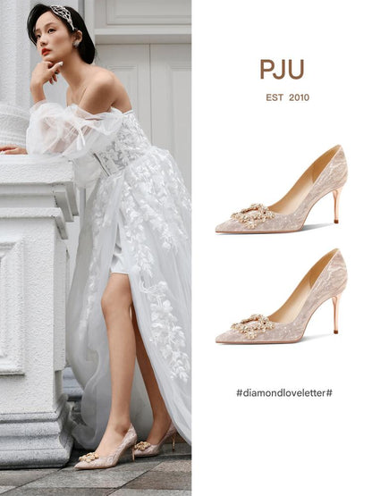 PJJUU Hexiu Champagne Colored High Heels - AJAX.