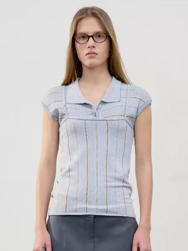 Nothing Written knitted short sleeve t-shirt striped polo neck top camisole-TESS.