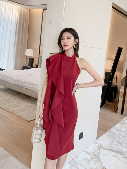 DOLLY Elegant Stand Collar Sleeveless Ruffle Midi Business Dinner Dress-RAINA