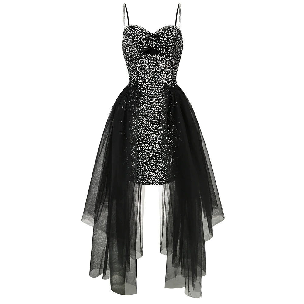 DOLLY Luxury Black Sleeveless Sequin Mesh Ribbon Birthday Dress-CARAMEL