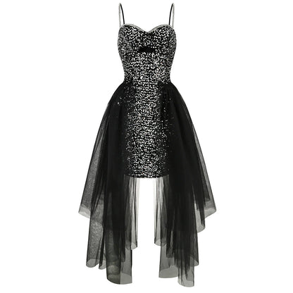 DOLLY Luxury Black Sleeveless Sequin Mesh Ribbon Birthday Dress-CARAMEL