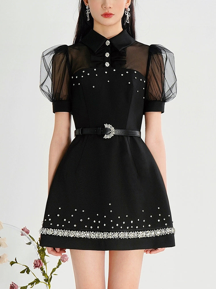 CHECOCRE Cute Nail Diamond Mesh Puff Sleeves Little Black Dress - INOVATIVE