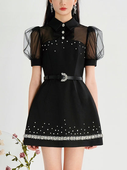 CHECOCRE Cute Nail Diamond Mesh Puff Sleeves Little Black Dress - INOVATIVE