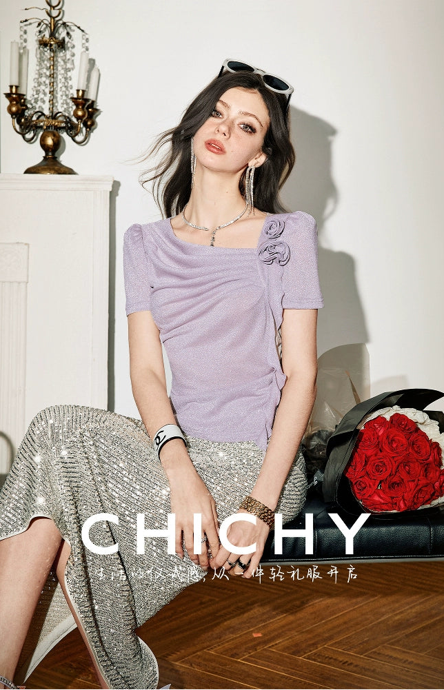 CHICHY gentle chic purple asymmetrical long-sleeved top-LISA