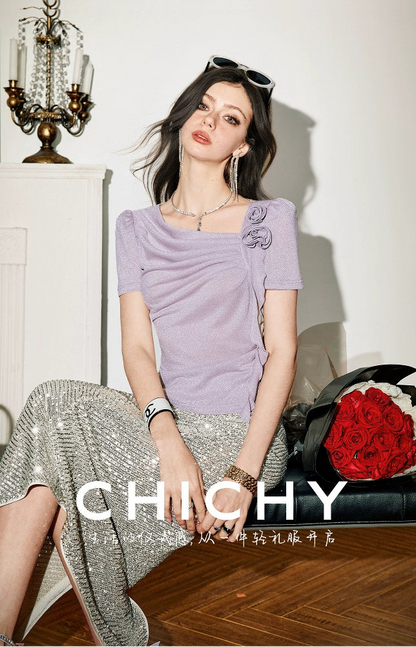 CHICHY gentle chic purple asymmetrical long-sleeved top-LISA