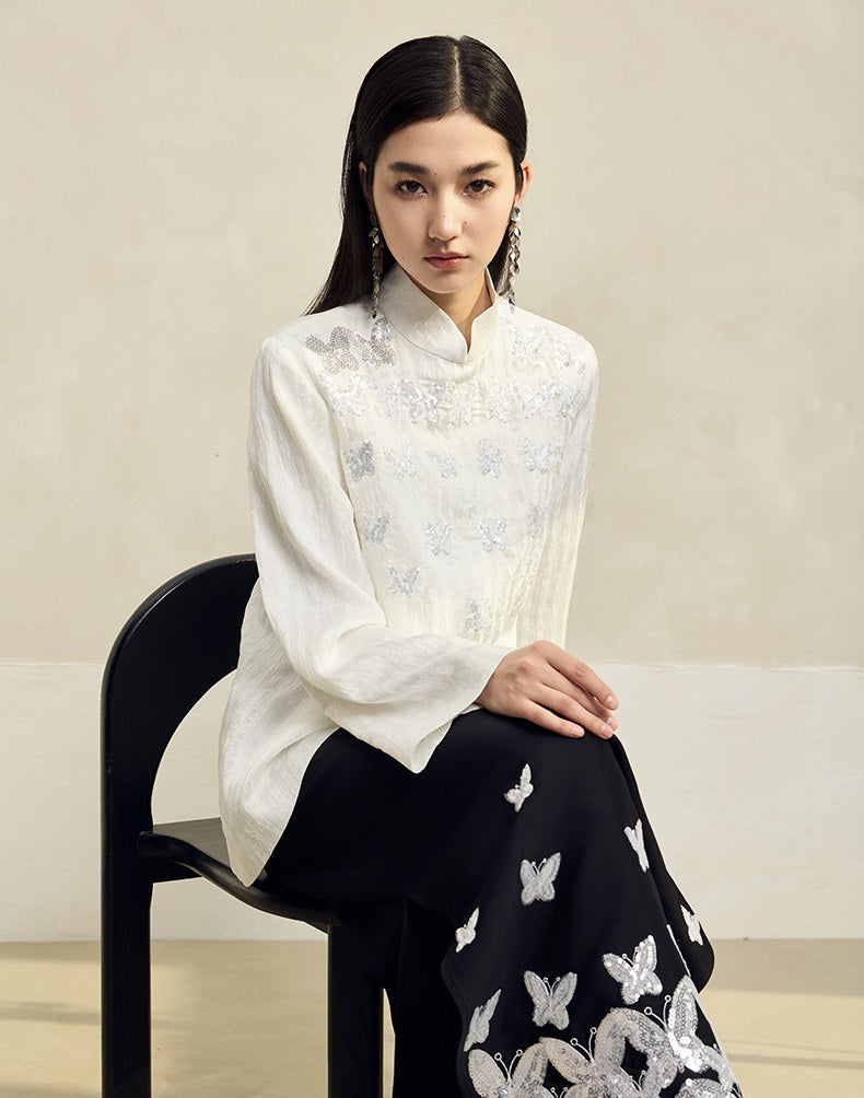 HECO Butterfly Beads Embroidered Stand-Up Collar black white T-Shirt - WORDS.