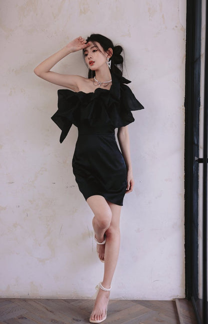 DOLLY Luxury Black Off Shoulder Slim Fit Short Ruffle Dinner Dress-MABEL