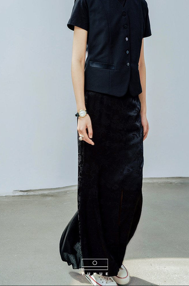 TUYUE Black Satin Woven Floral Mulberry Silk Mermaid Skirt - RANDY.
