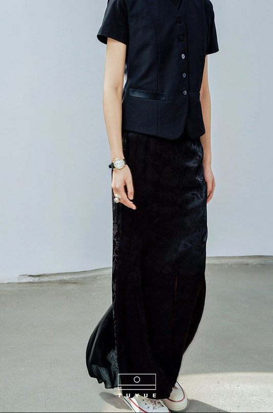 TUYUE Black Satin Woven Floral Mulberry Silk Mermaid Skirt - RANDY.