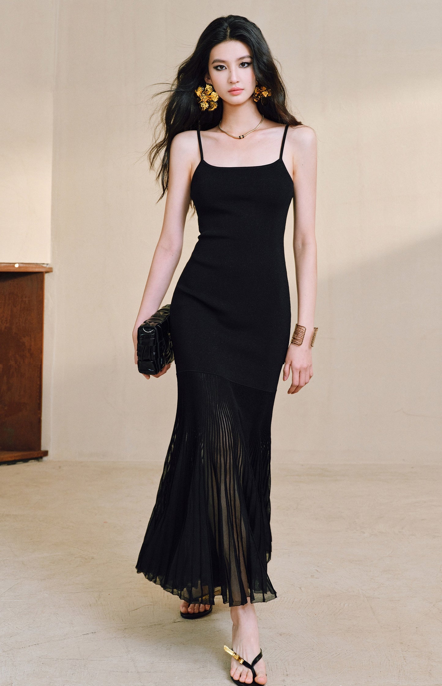 WANGXO | High-Quality Linen Tulle Temperament Suspender Fishtail Dress-LÉYA.