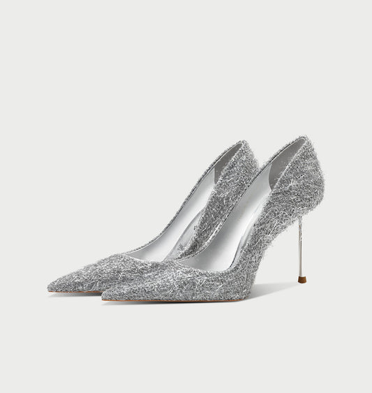 Pjjuu silver gray shaggy Pointed Toe Stiletto Heels- ASKING