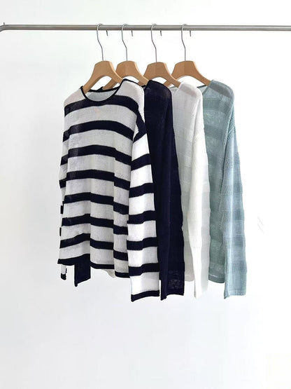 PIAOIN Striped Knitwear Women's Long Staple Cotton Crew Neck T-Shirt-NATALIA.