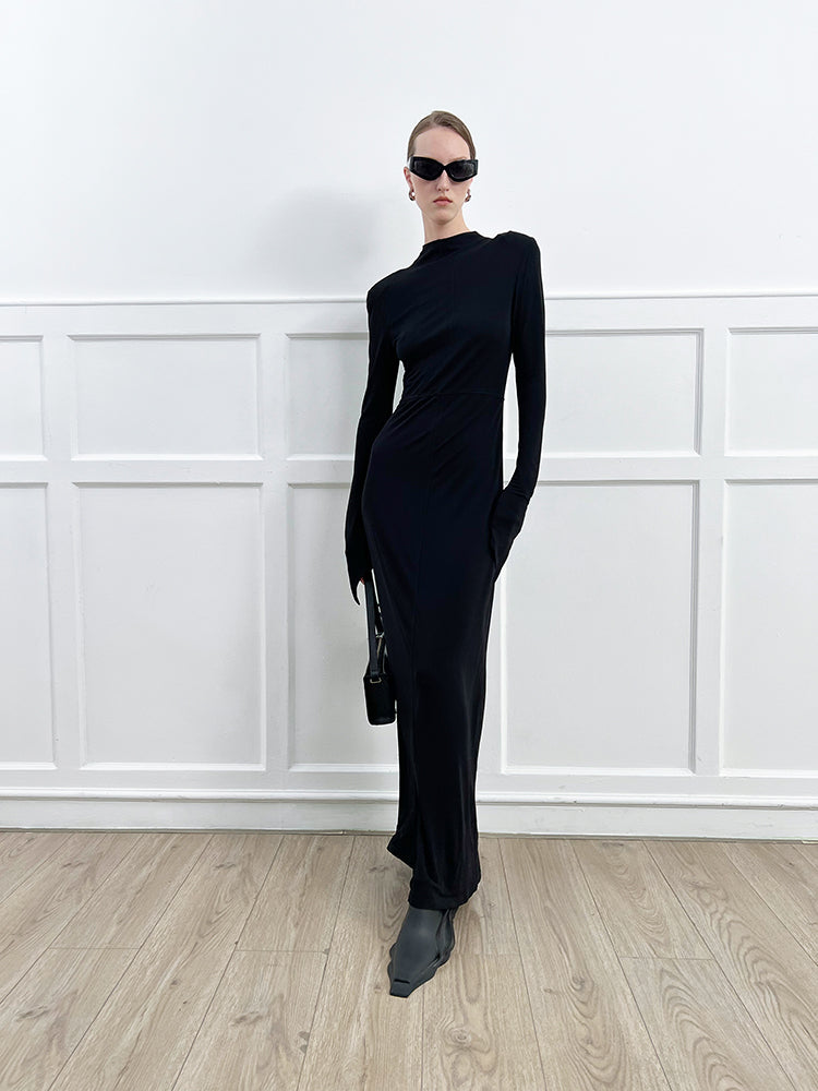 ANNAKIKI high-end acetate black shoulder slim long sleeve dress-CAROLE