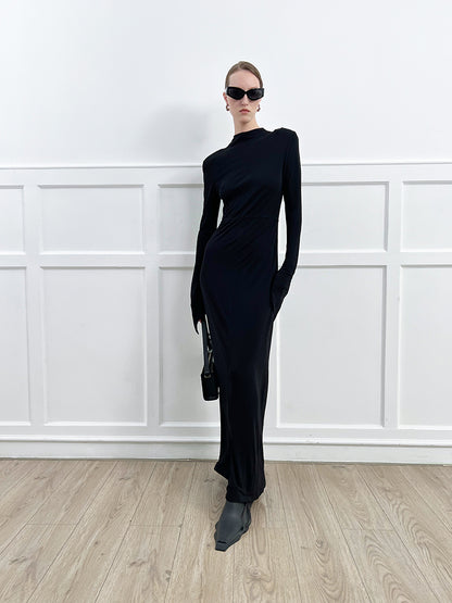 ANNAKIKI high-end acetate black shoulder slim long sleeve dress-CAROLE