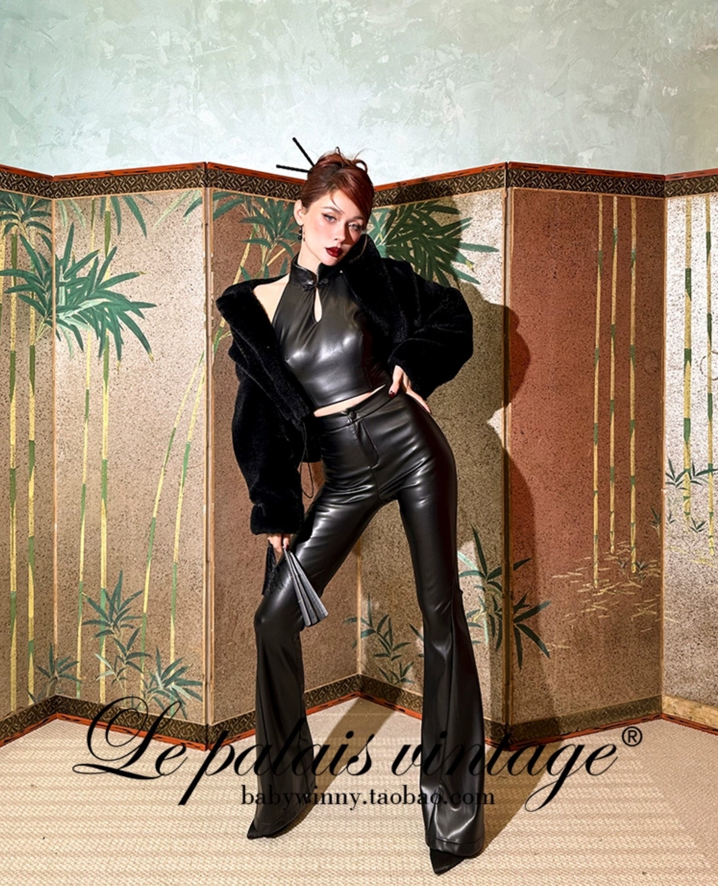 Le Palais Vintage High End Black Leather New Chinese Top + High-waisted Hip Leather Flared Pants-Zhuri.