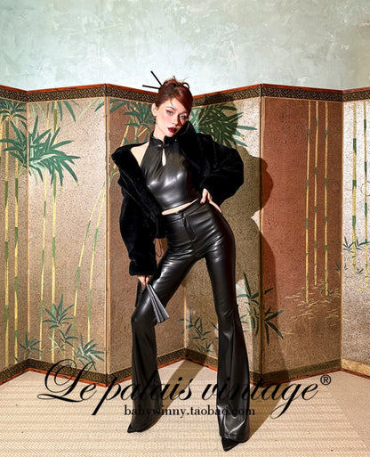Le Palais Vintage High End Black Leather New Chinese Top + High-waisted Hip Leather Flared Pants-Zhuri.