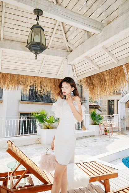 DOLLY Elegant White French Style Ruffled Off Shoulder Short Birthday Dress-AMA