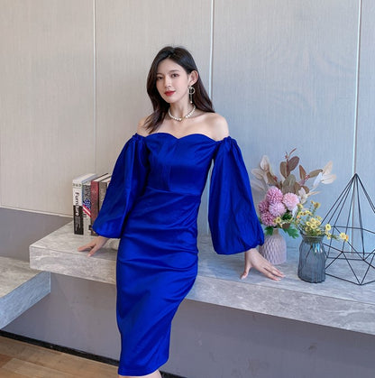 DOLLY High End Retro Style Off Shoulder Long Puff Sleeve Chest Wrap Dress-KILA