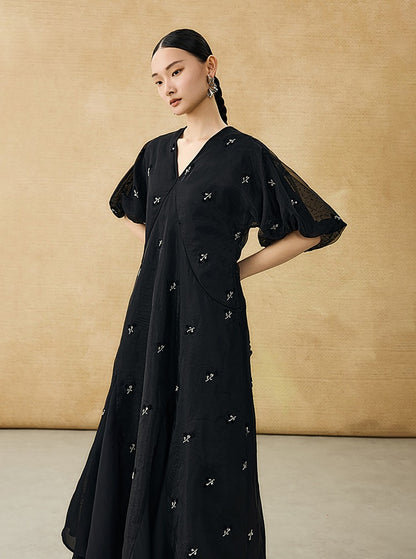 HECO  New Chinese Embroidered V-Neck Puff Sleeve Dress - CORAINE.