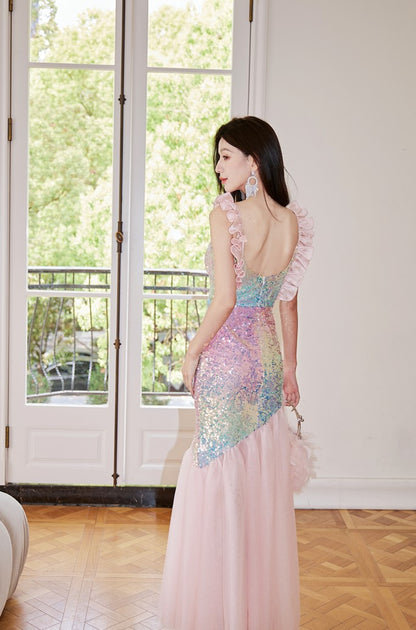 DOLLY Luxury Gradient Deep V-Neck Sleeveless Sequin Long Backless Party Dress-IVETTE