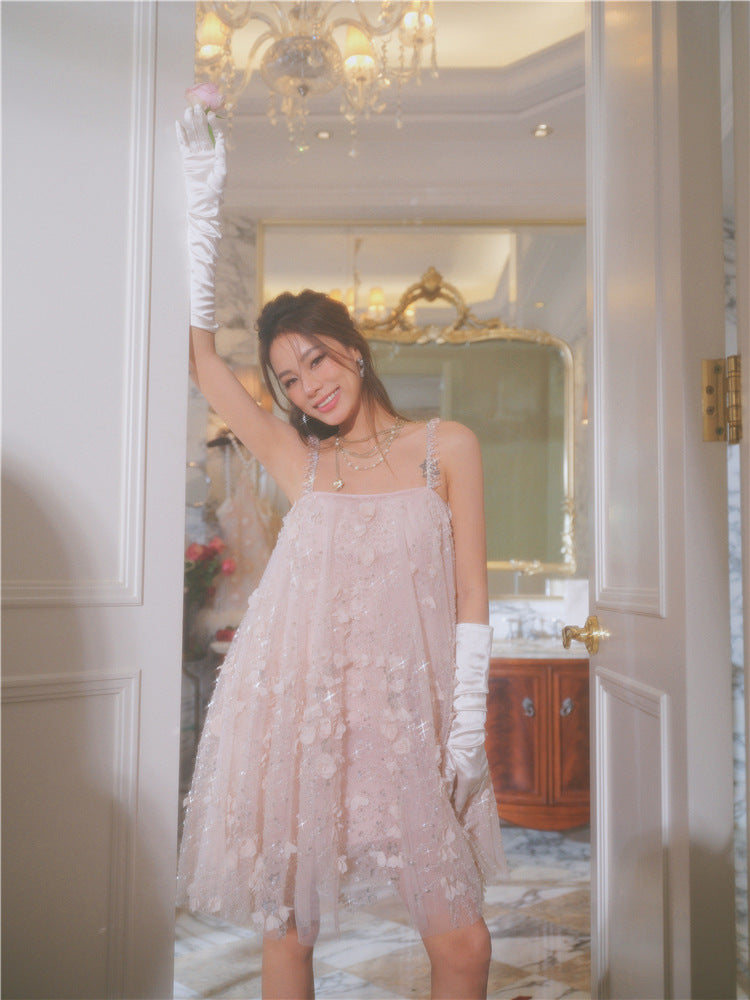 Wardrobes by Chen Luxury Pink Flower Embroidered Loose doll Party Dress-Zola