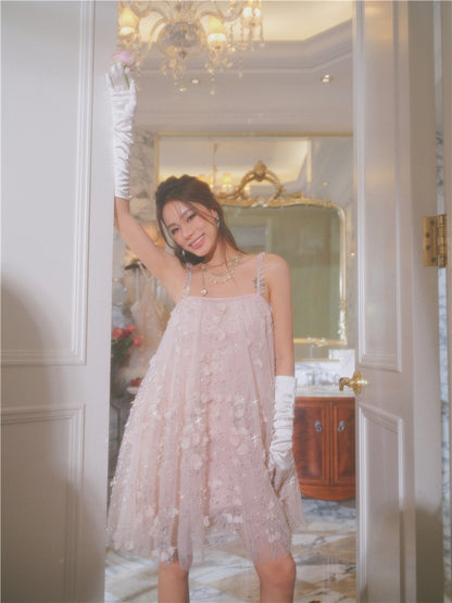 Wardrobes by Chen Luxury Pink Flower Embroidered Loose doll Party Dress-Zola