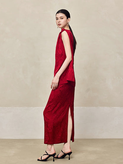 HECO Acetate Jacquard Rear Slit High Waist Slim Red Black White A-line Skirt Woman - KINGDOM.