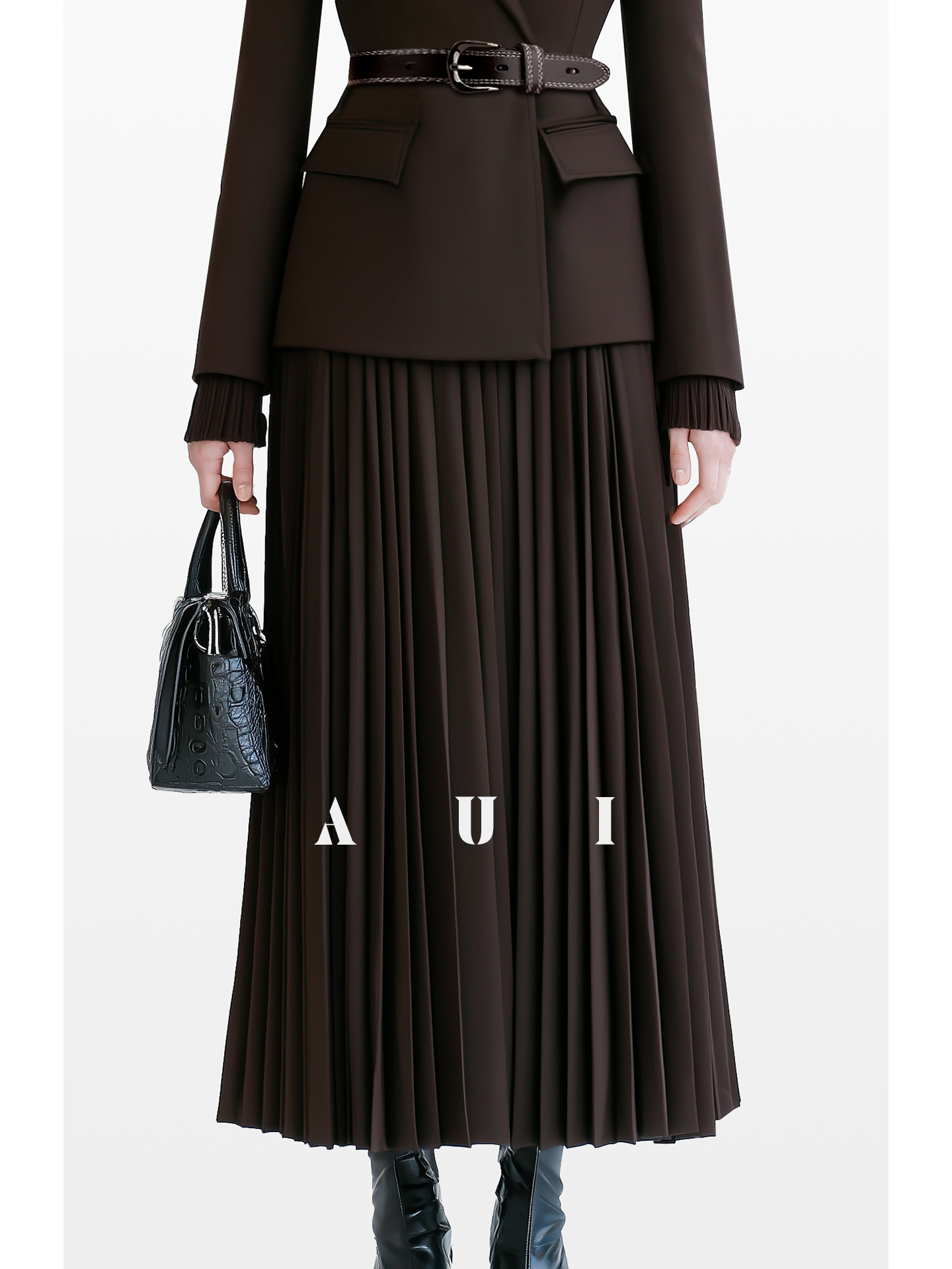AUI Mocha Blazer Professional Commuter Pleated Two-Piece Suit Skirt - Hea.