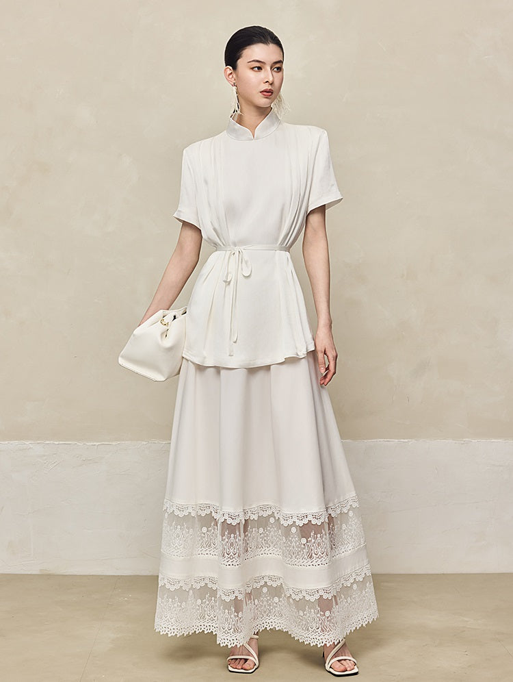 HECO acetate press-pleated cinched waist black white texture t-Shirt - NONE.