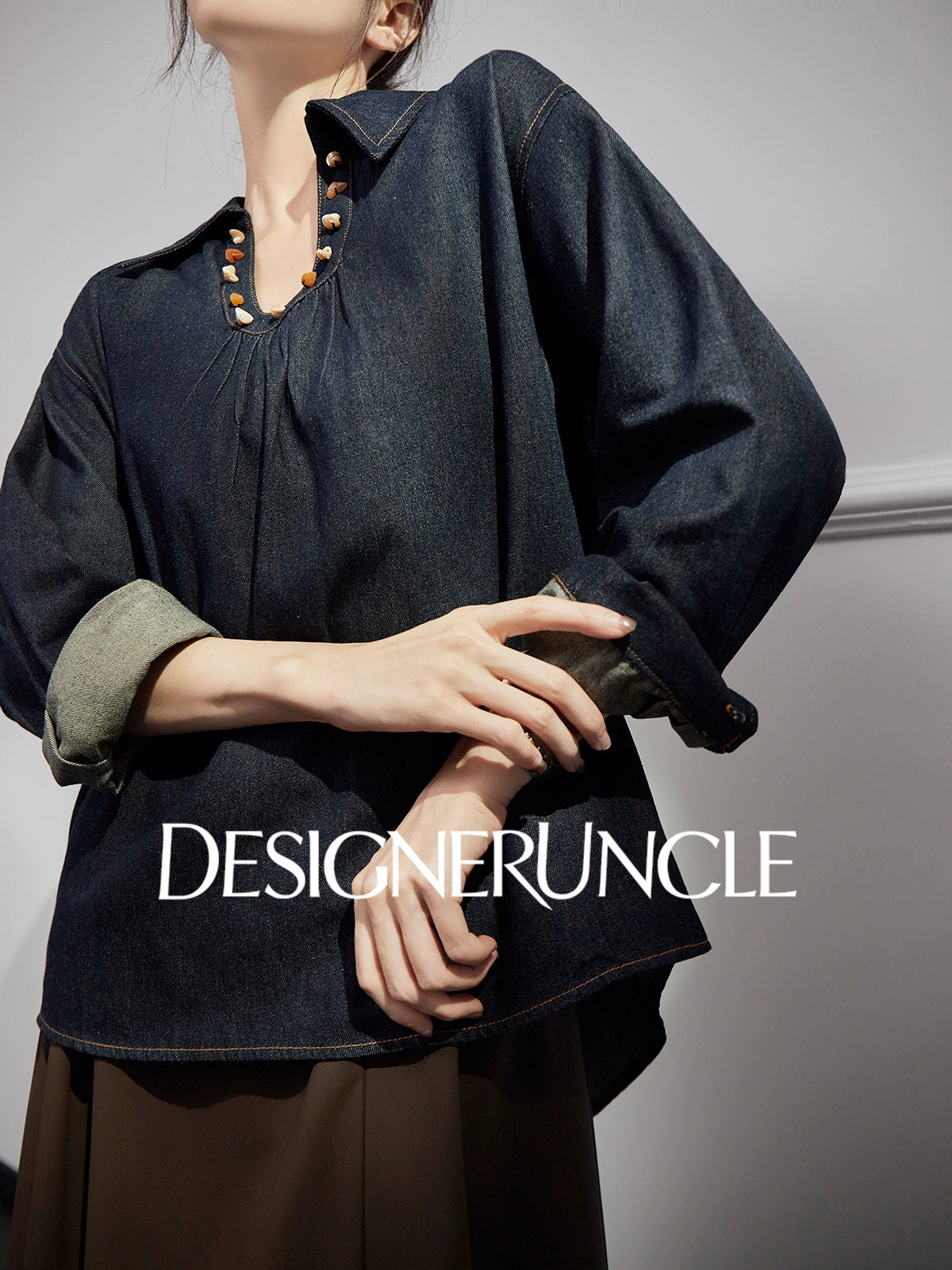 DGU "Fog Shadow" Denim New Retro Velvet Loose Slimming Commuter Top - SENT.