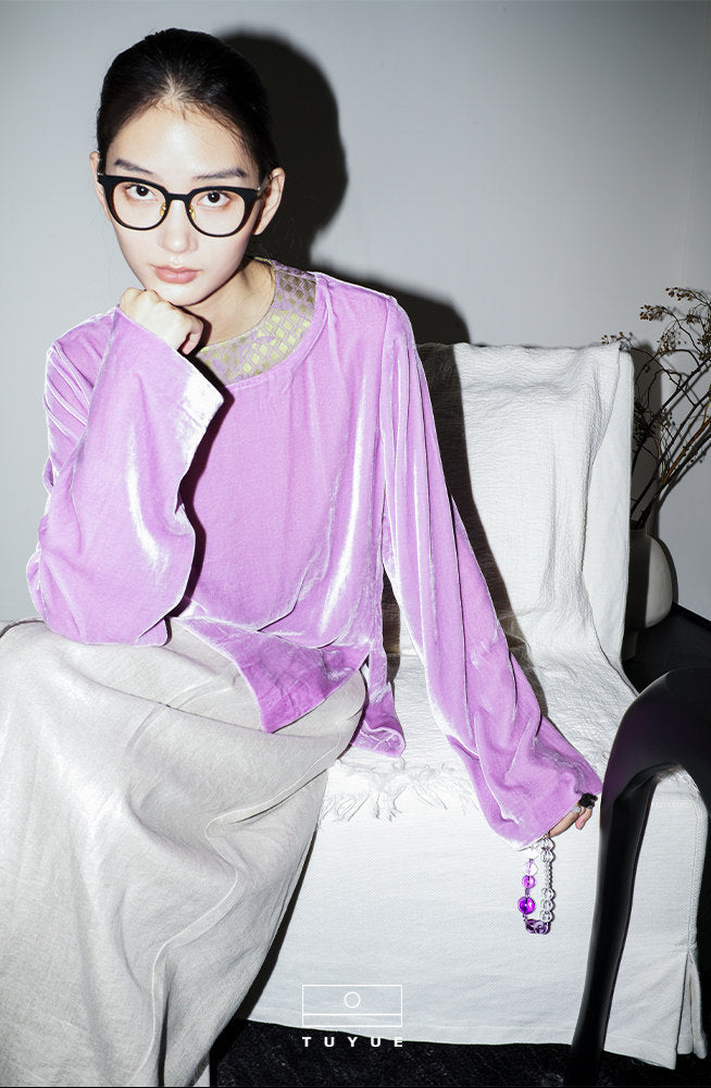 TUYUE Lilac Purple Silk Velvet Long Sleeve Loose Top- SHEENA.