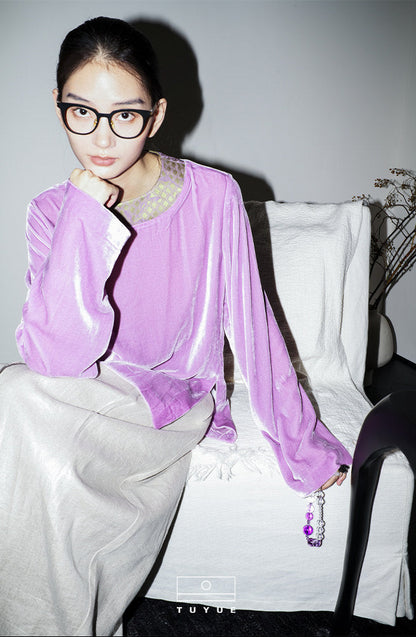 TUYUE Lilac Purple Silk Velvet Long Sleeve Loose Top- SHEENA.