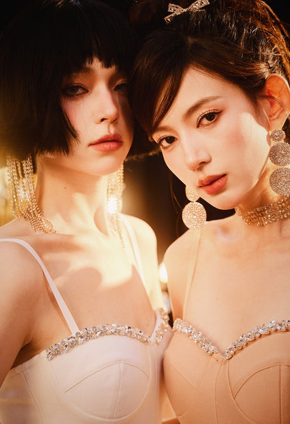 DOLLY High End White/Nude Sleeveless Diamond Fish Tail Suspender Dress-JABEL