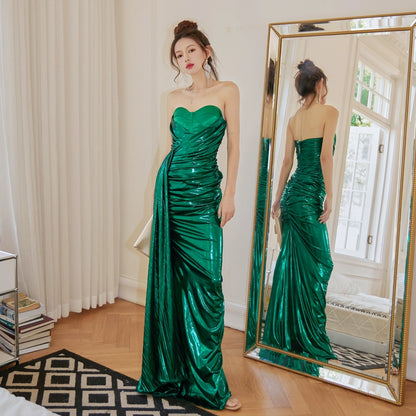 DOLLY High End Green Off Shoulder Chest Wrap Irregular Fish Tail Dress-LEAH