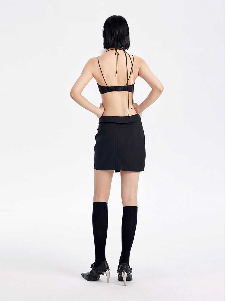 TINY IN high-waisted mini asymmetric black skirt -YOMI