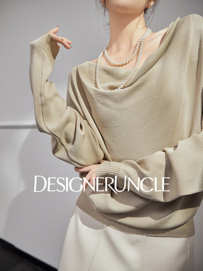 DGU "Shallow Realm" gray-green knitted sweater V-neck loose slimming temperament top - EKKO.