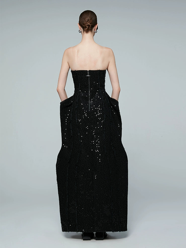 ANNAKIKI niche black beaded raw edge denim sleeveless dress-GUYTON