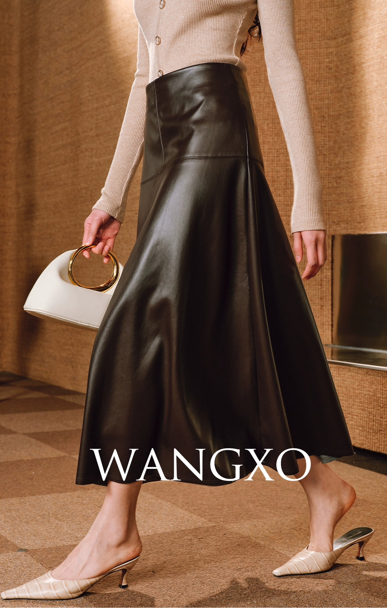 WANGXO | Luxurious Glossy Protein Leather Sheepskin A-Swing Skirt-ZARA.