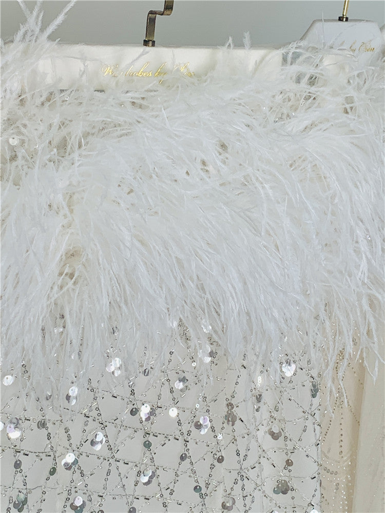 Wardrobes by Chen  luxury wedding White Haute Couture Feather Sequin Dress-Masa