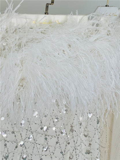 Wardrobes by Chen  luxury wedding White Haute Couture Feather Sequin Dress-Masa