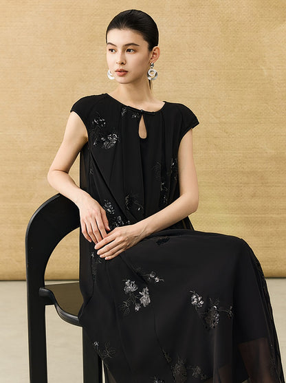 HECO Chinese Style Water Drop Neck Shoulder Embroidered Dress - SWEAT.