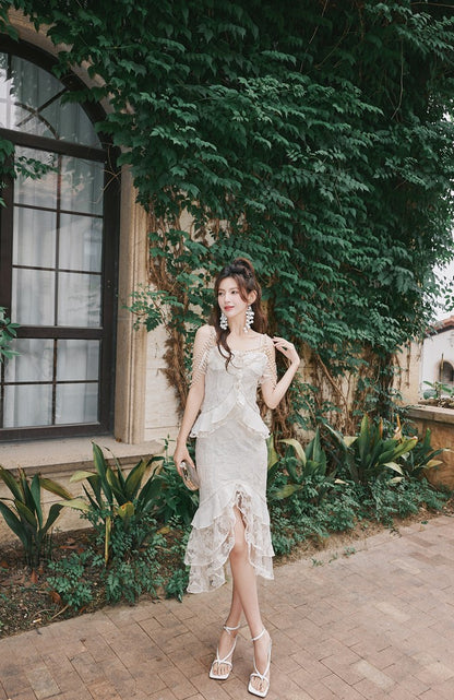 DOLLY Elegant French Style Cream Ruffled Lace Fake Two Piece Midi Dinner Dress-KAKA