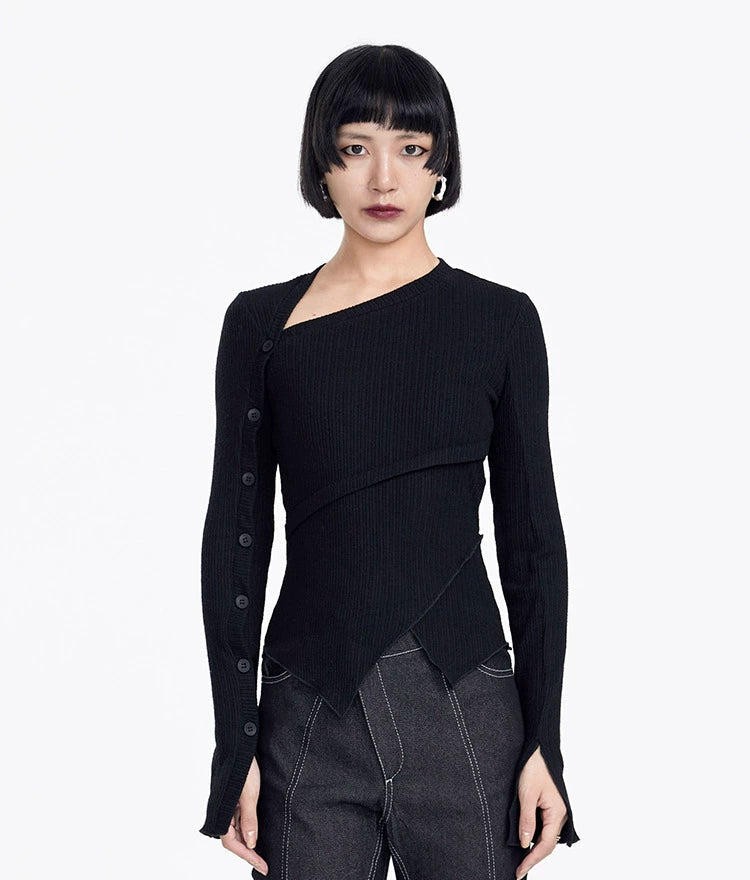 TINY IN button sleeve asymmetric knit women's black top-TAKA