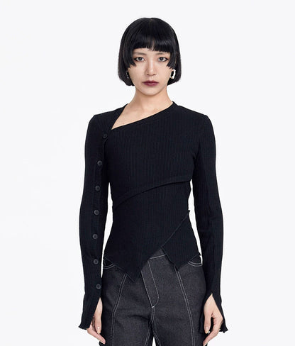 TINY IN button sleeve asymmetric knit women's black top-TAKA