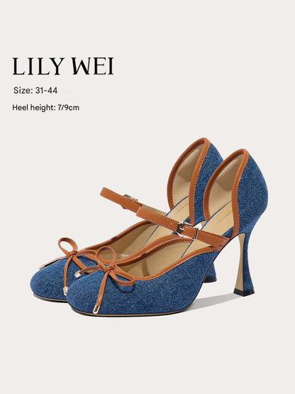 Lily Wei [Denim Style] French Blue Straight Bow Heels, Hollow Sandals- CAMILLE
