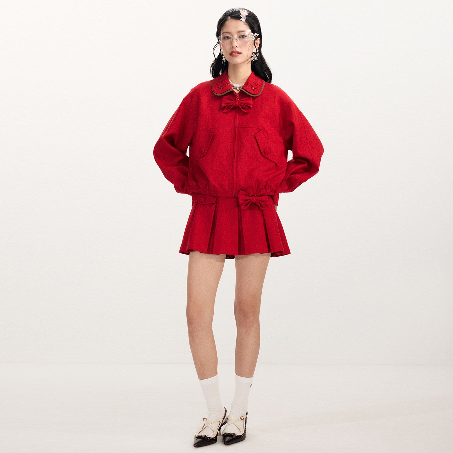 FAME A-Line Bow Charm Pleated Skirt with Belt - AVON.