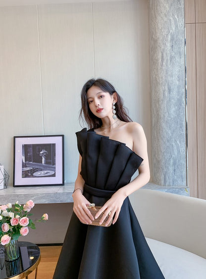 DOLLY Elegant Off Shoulder Pleated Ruffle Tube Top High Wait Midi Dress-LLA