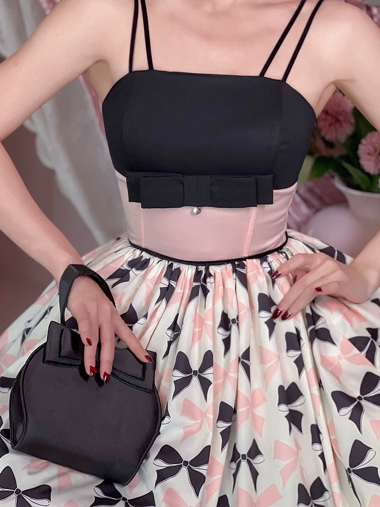 Le Palais  50s classic pink and black contrast bow cinched waist Dress-WENDY